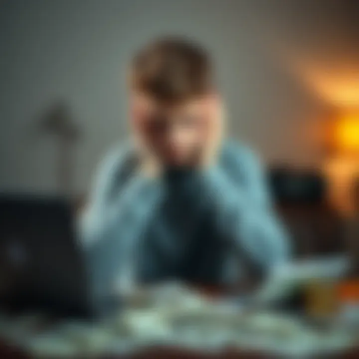 A 16-year-old boy looks worried while sitting alone with his head in his hands, surrounded by empty betting slips and a laptop.