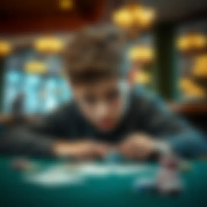 An 18-year-old boy looks worried while sitting at a table with playing cards and empty gambling chips, contemplating his financial losses.