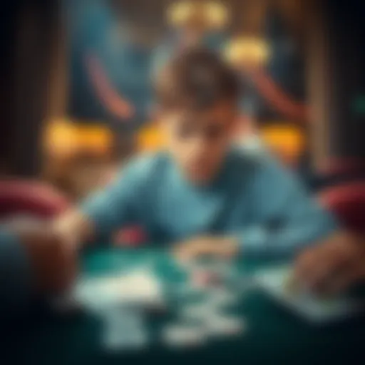 A young boy sitting at a table with cards and money scattered, looking worried and frustrated