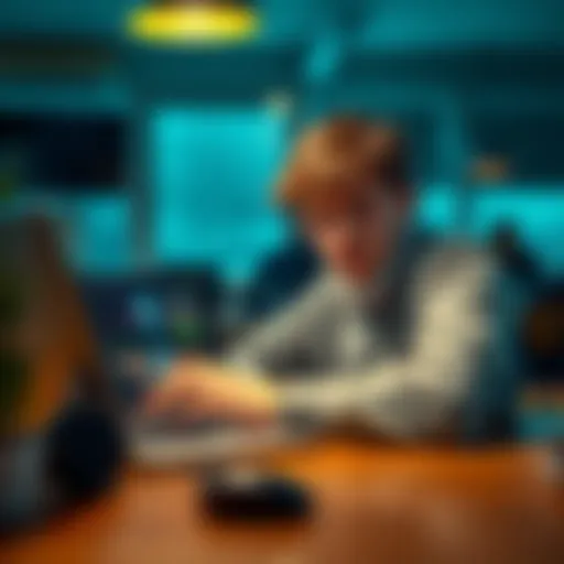 A young boy looking distressed while sitting at a table with a laptop open, showing sports betting websites. He appears troubled and deep in thought, conveying a sense of regret and need for support.