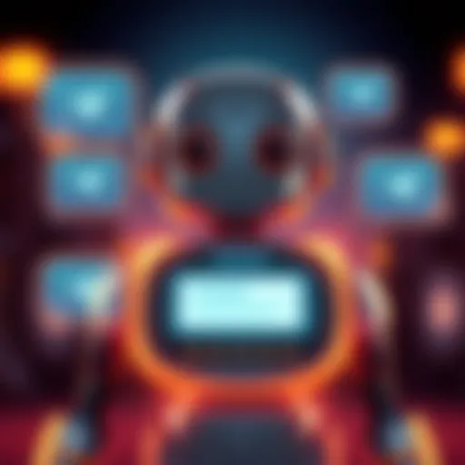 A graphic representation of a Telegram bot with chat bubbles and a user interface showing messages.