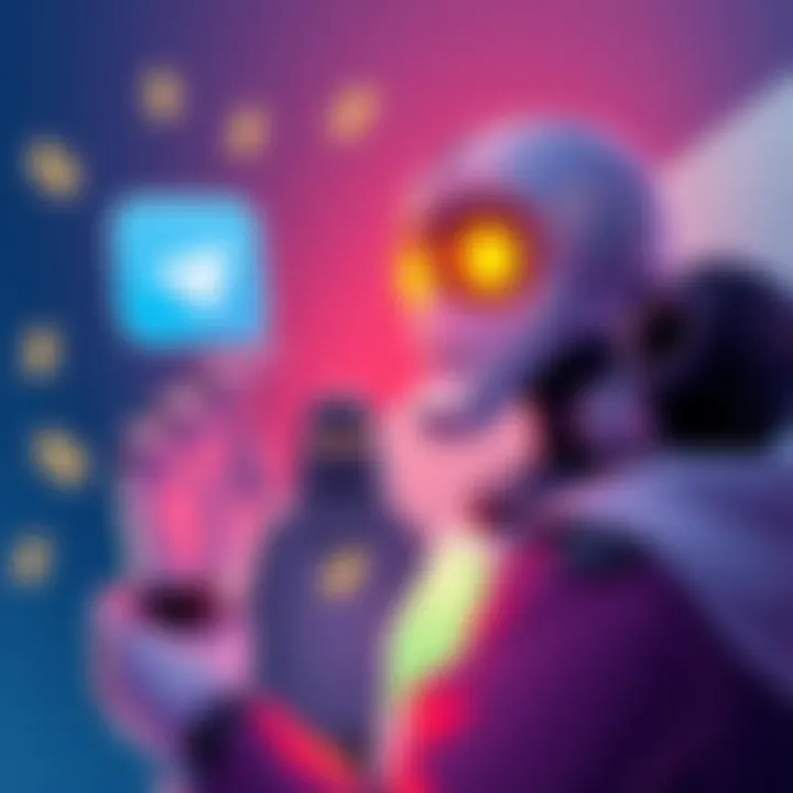 Illustration of a Telegram bot presenting a money offer, with dollar signs and a skeptical person looking at the screen.