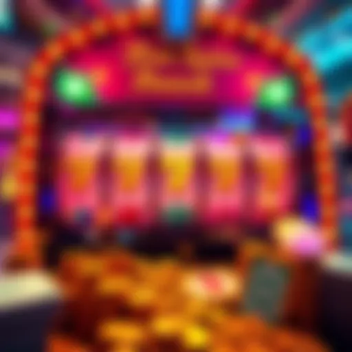 A colorful slot machine displaying ten free spins with coins and cash piles indicating winnings