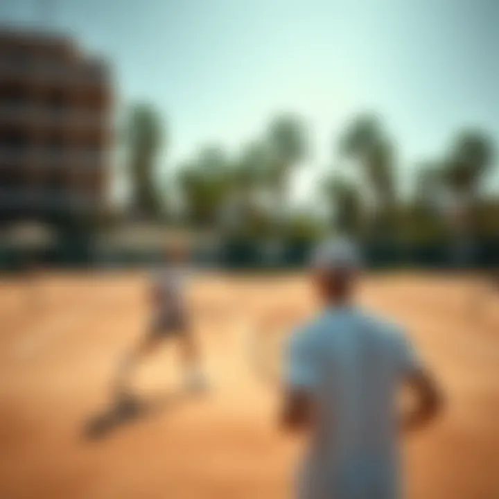 Two tennis players practicing on a sunny court in Barcelona with palm trees in the background