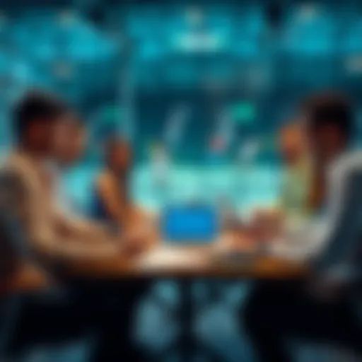 A group of people discussing tennis betting tips around a table with laptops and papers, showcasing excitement and strategy for upcoming matches.