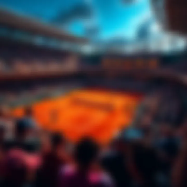 A lively tennis match taking place at the French Open, with players competing on the clay court.