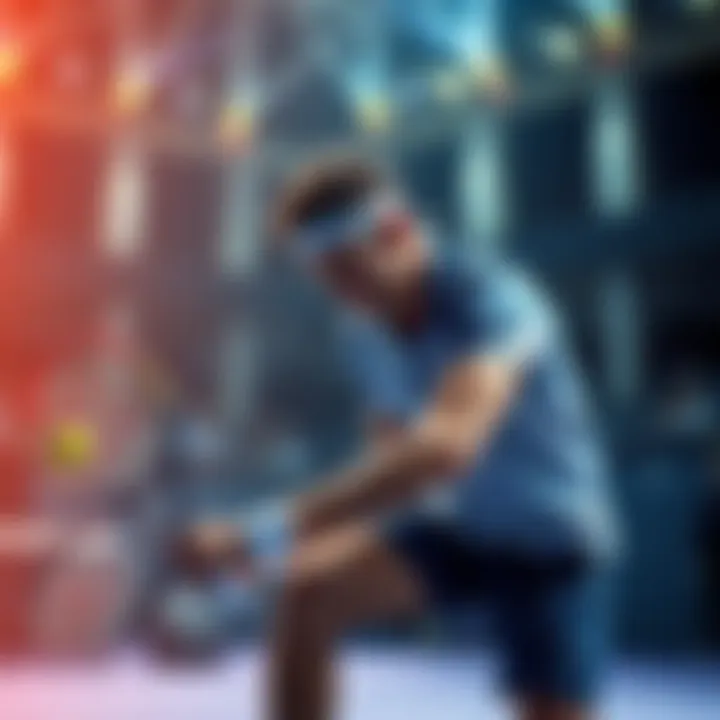 A tennis player serving during a match while trailing behind in points