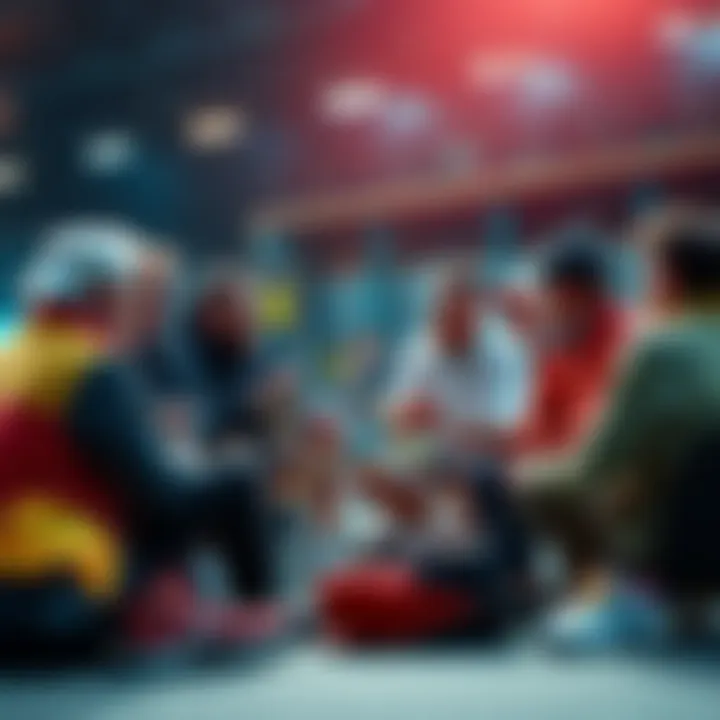 Group of people discussing tennis bets and tips, surrounded by tennis gear and betting slips