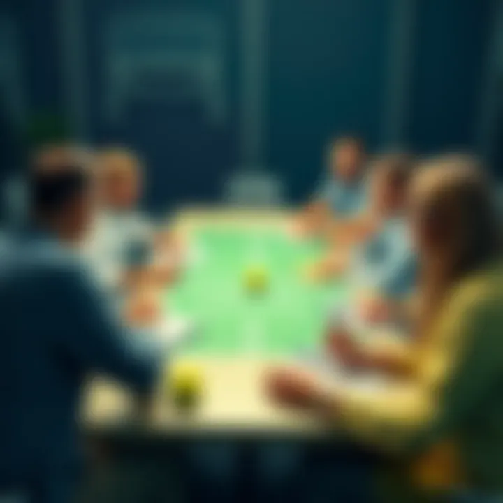 A group of people discussing tennis betting tips and strategies around a table with tennis balls and notepads