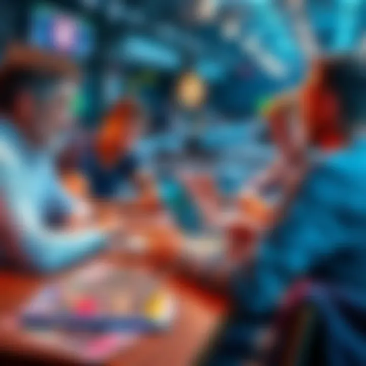 People discussing tennis betting strategies and tips at a table with sports magazines and a laptop