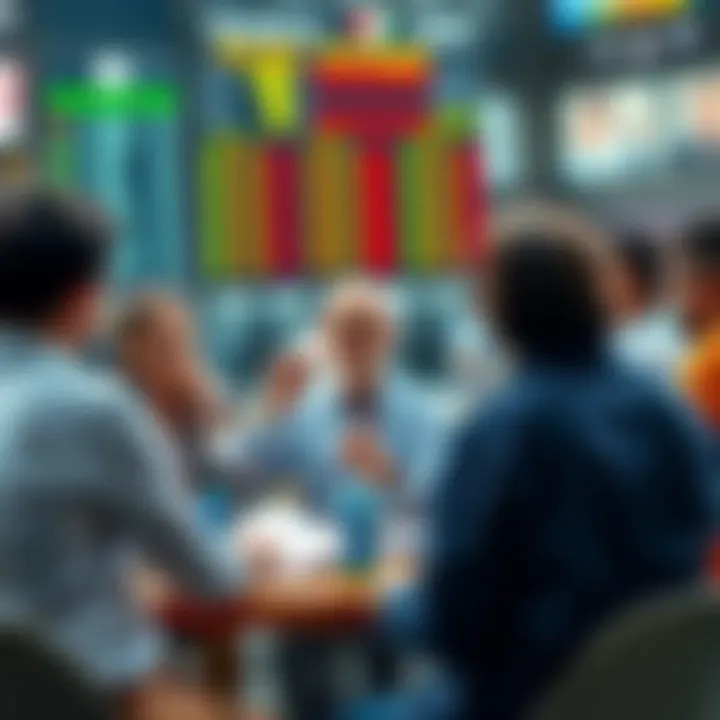 A group of people engaging in a lively discussion about tennis betting strategies, with tennis-related materials and a scoreboard visible in the background.
