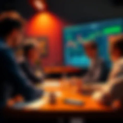 A group of people engaged in a lively discussion about tennis betting tips and strategies, with charts and statistics visible on a screen in the background.