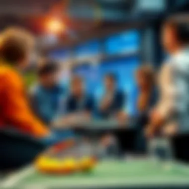 A group of people engaging in a lively discussion about tennis betting strategies and tips, with tennis equipment in the background.