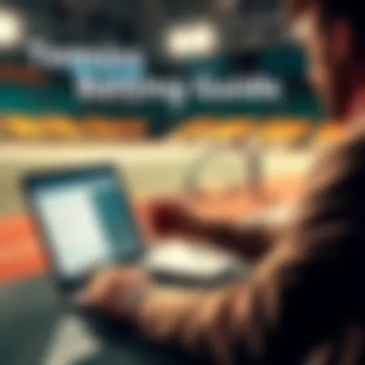A person analyzing tennis match statistics and odds on a laptop, with a tennis court in the background.