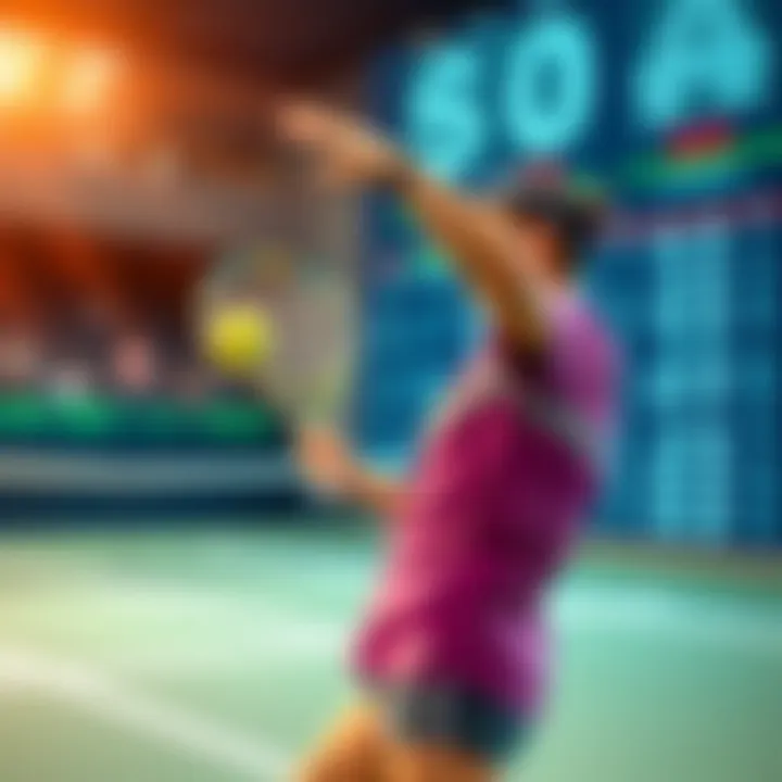 A tennis player serving the ball during a match, with sports betting odds displayed in the background.