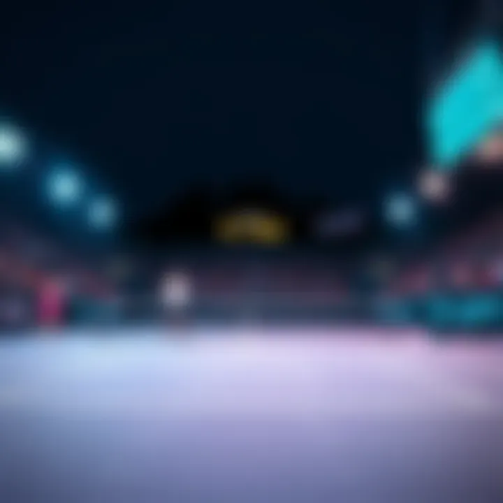 A close-up of a tennis court at night with a glowing scoreboard and players in action, showcasing a lively betting atmosphere.