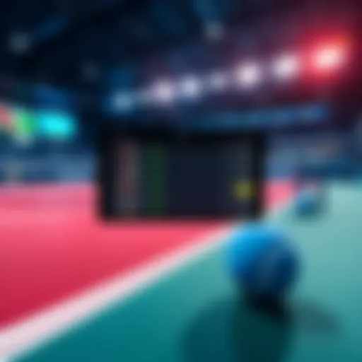 A close-up of a tennis court with betting odds displayed on a screen, highlighting the latest tennis picks and strategies.