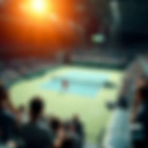 A tennis match in progress with players on the court and spectators in the stands, symbolizing upcoming betting predictions.