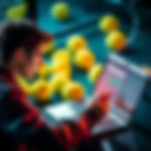 A person reviewing tennis betting strategies on a laptop with tennis balls in the background.