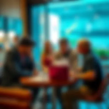 A group of people discussing tennis betting tips with a laptop and notes in a cafe