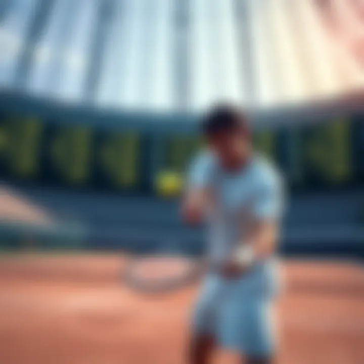 A tennis player serves the ball on a court with odds displayed in the background, representing betting strategies.