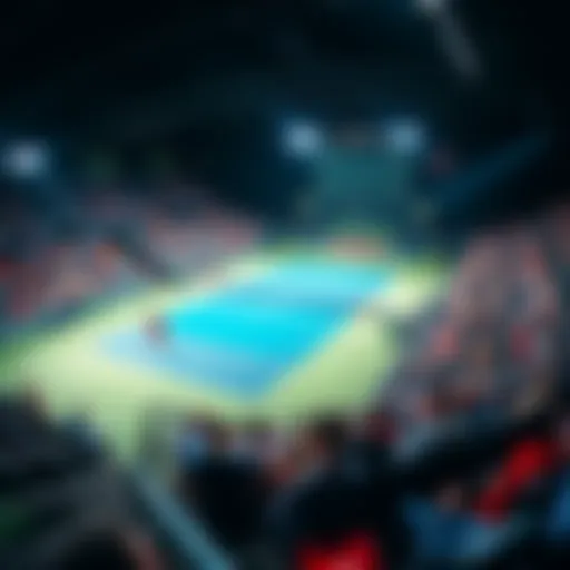 A tennis match in progress with players on the court and fans in the stands, showcasing excitement around sports betting.