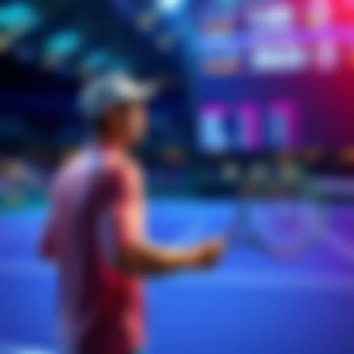 A tennis player preparing to serve during a match, with betting odds displayed in the background
