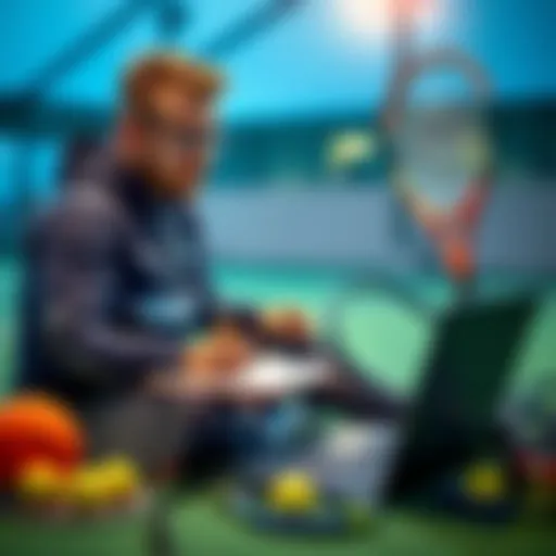 A person reviewing tennis betting strategies with a notepad and laptop, surrounded by tennis equipment.