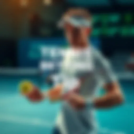 A tennis player preparing to serve, with betting odds and strategies overlayed, symbolizing tips for tennis betting.