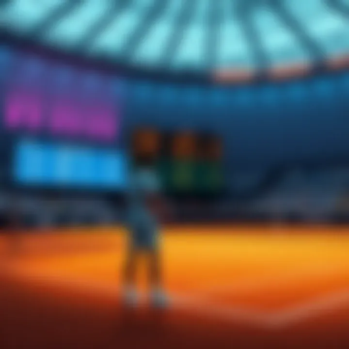 A tennis court with players in action, focusing on a match with odds and tips displayed on a digital board nearby.