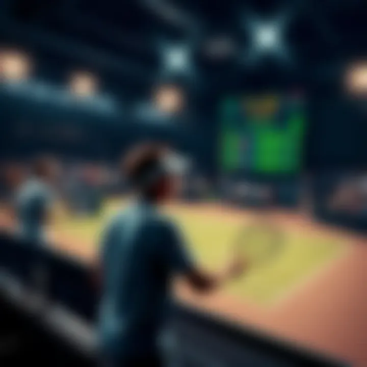 Tennis players competing while fans watch and betting odds displayed