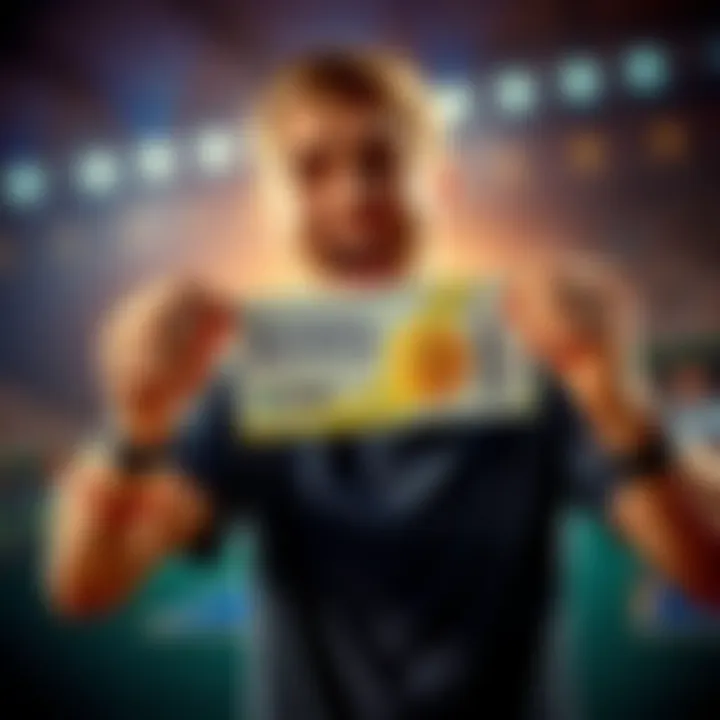 A happy individual holds a winning betting ticket with tennis graphics, showing excitement in celebrating their big win.