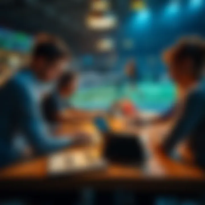 A group of people discussing tennis betting strategies with laptops and notebooks at a table