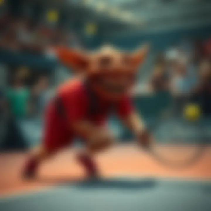 A humorous scene of a tennis player wearing a goblin costume while playing on the court, causing laughter among spectators.