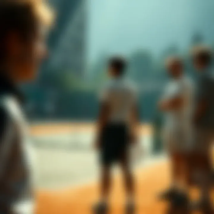 Tennis players on court with a confused crowd watching as a referee discusses a betting dispute