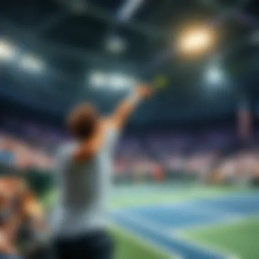 A tennis player serves during a match at the French Open, with a large crowd watching in the background.