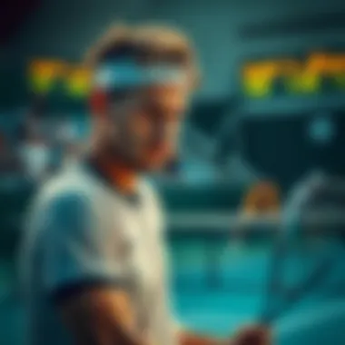 A focused tennis player stands on the court, ready to serve, with determination on their face, reflecting the pressure of a crucial match.