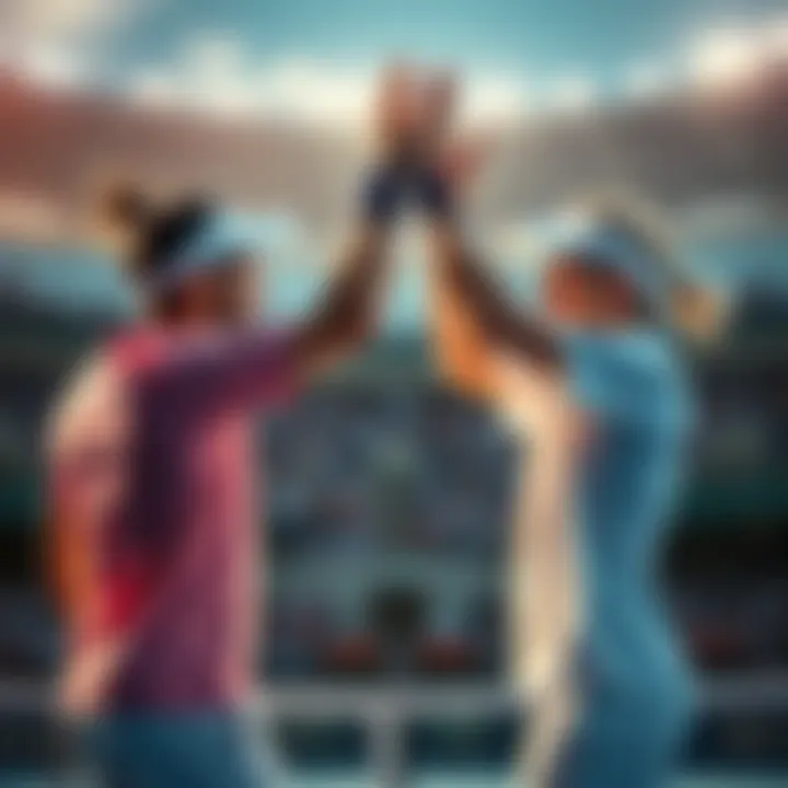 Two tennis players high-fiving after winning a match, showing excitement and teamwork