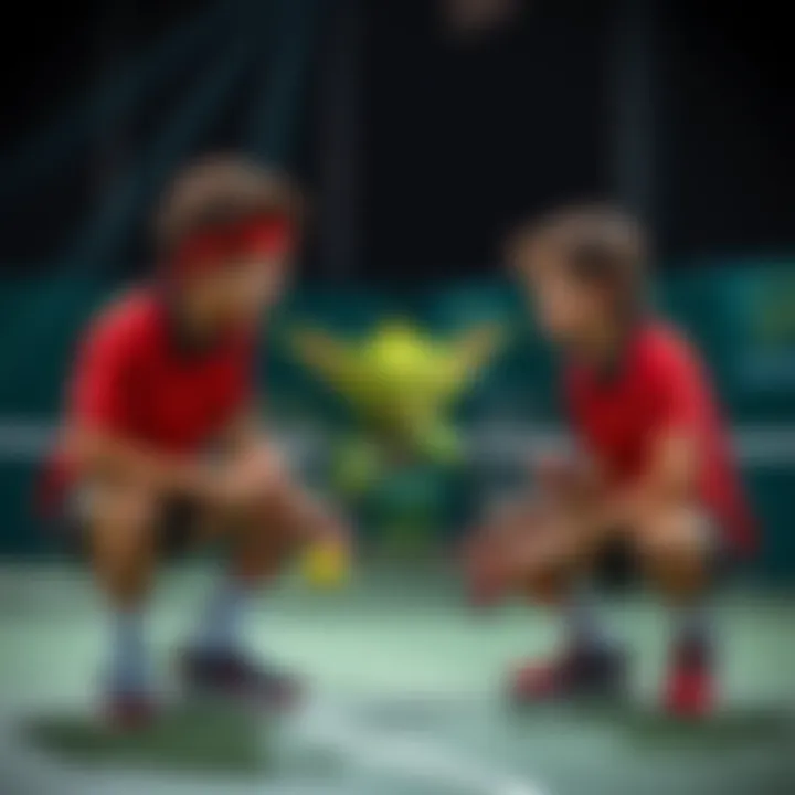 Two tennis players strategizing on the court, with a playful goblin mascot in the background representing the unique strategy.