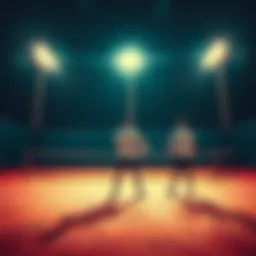 Three male tennis players warming up on a court under the lights, ready to compete in a night tournament.
