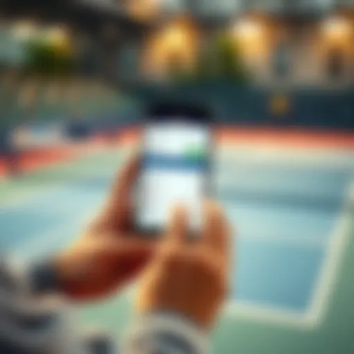 A person using a tennis prediction app on a smartphone with a tennis court in the background