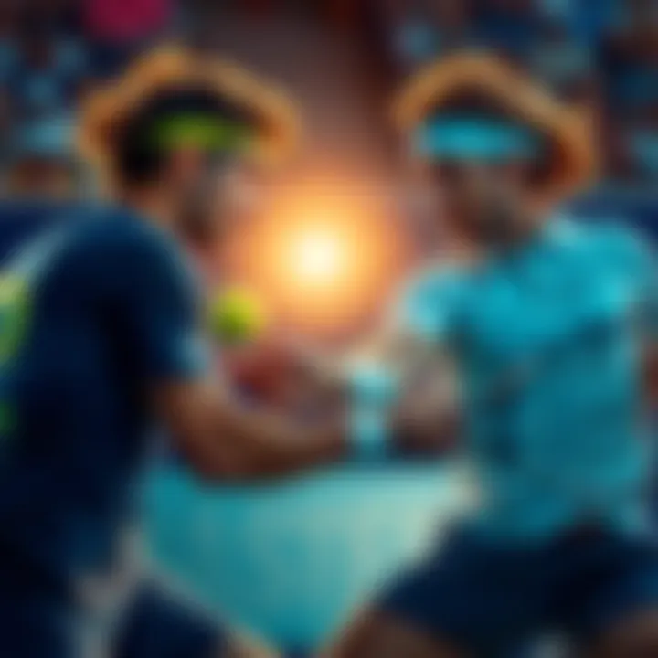 Action shot of two tennis players in a heated match during the US Open