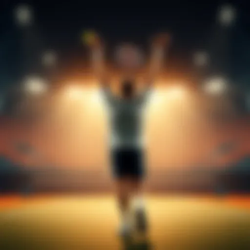 A person celebrating a tennis victory with arms raised on the court