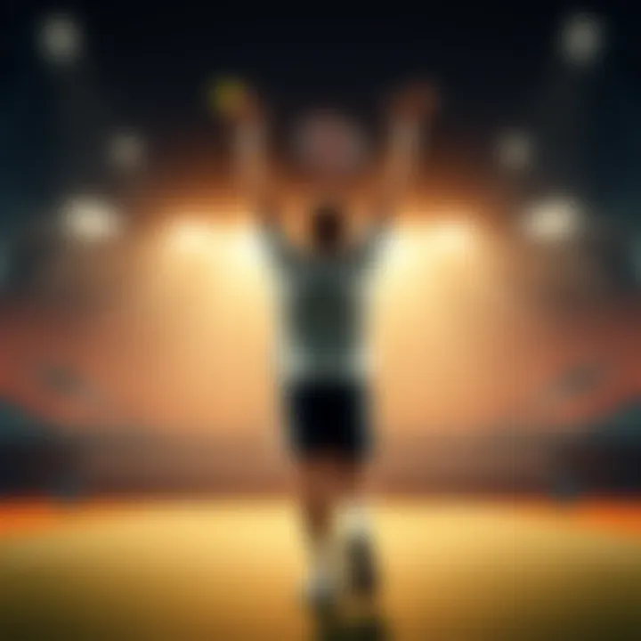 A person celebrating a tennis victory with arms raised on the court