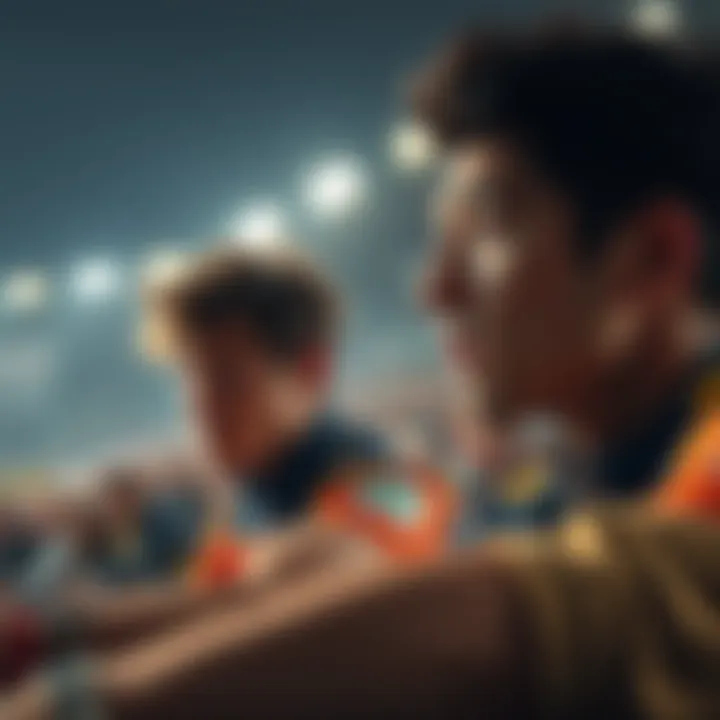 A close race with two competitors looking anxious, keeping an eye on their scores, and a crowd watching eagerly in the background.