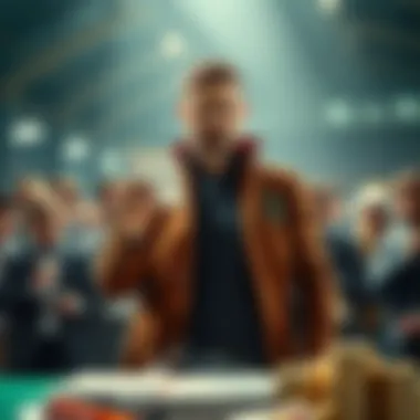 Terence standing confidently, holding a betting slip with a determined look, surrounded by curious onlookers