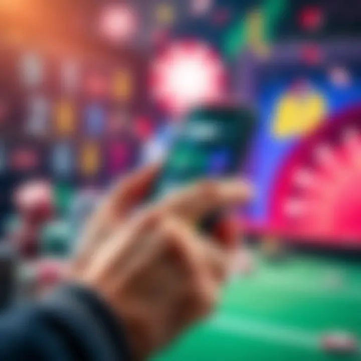 A person using a smartphone to test an online casino app, with casino chips and sports betting icons in the background.