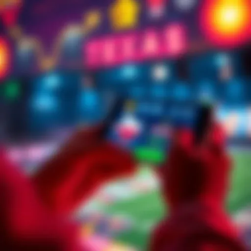 A person exploring different betting apps on a smartphone, highlighting Texas betting opportunities, with vibrant graphics of betting symbols in the background.
