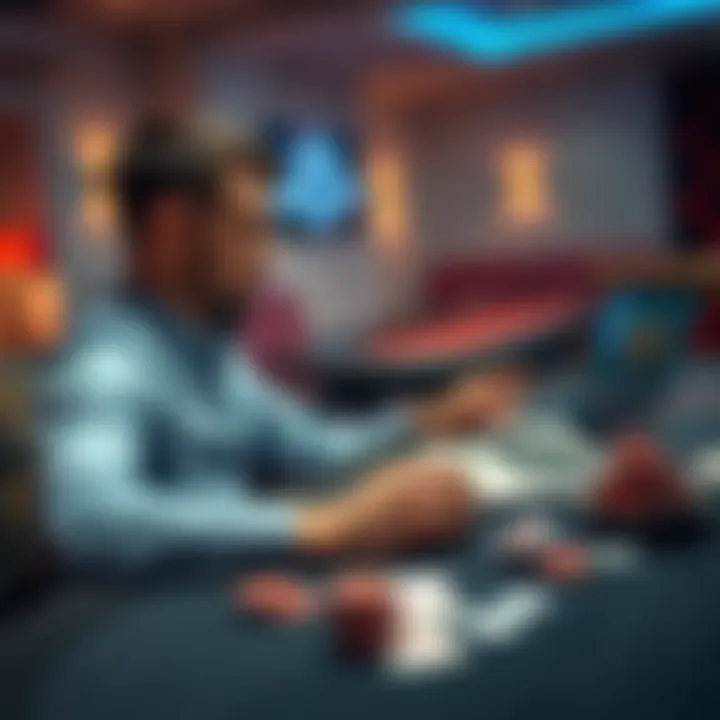 Texas Hold'em Beginner Resources A person sitting at a poker table with cards and chips, watching instructional videos on a laptop