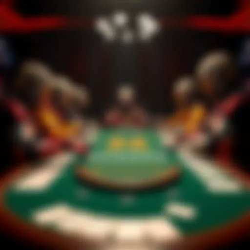 A poker table set up with virtual cards and player avatars representing different personalities; players interact with bots in a lively game.